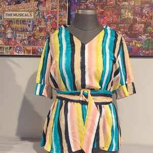 Colorful Striped V-Neck Belted Blouse
